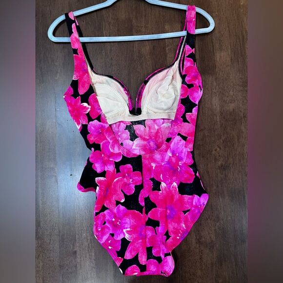 Vintage 90s La Blanca Hot Pink Black Floral High Cut Structured V Swimsuit 8 USA - Picture 5 of 11